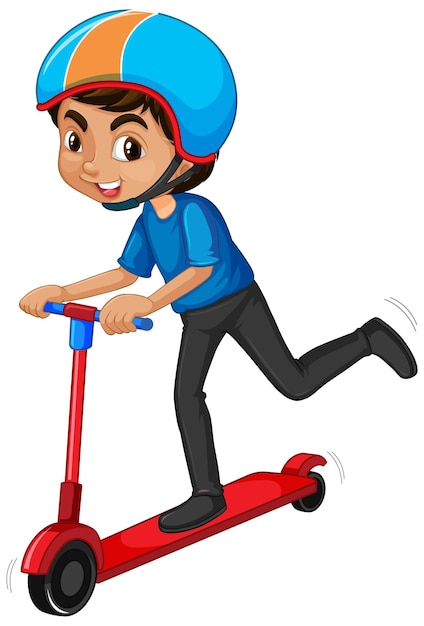 Boy riding on scooter on white background