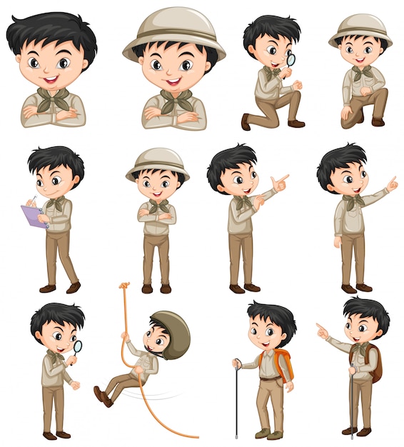 Boy in safari outfit doing different activities