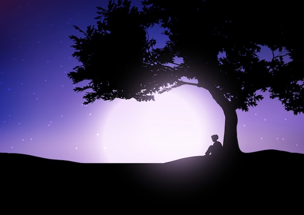 Free vector boy sitting against a tree against a night sky