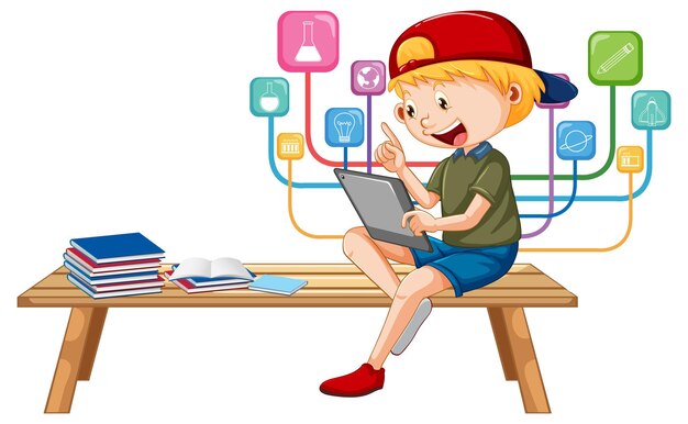 Boy sitting on bench learning from tablet