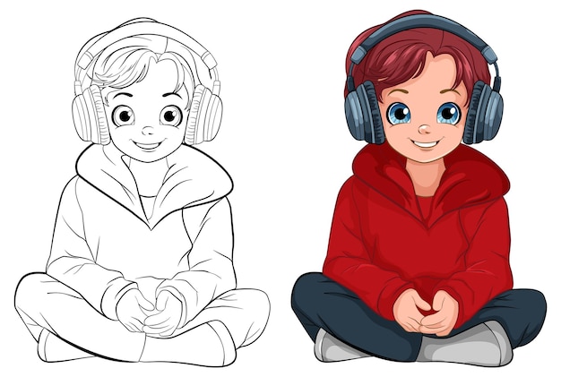 Free Vector boy sitting on the floor listening to music with headset and doo