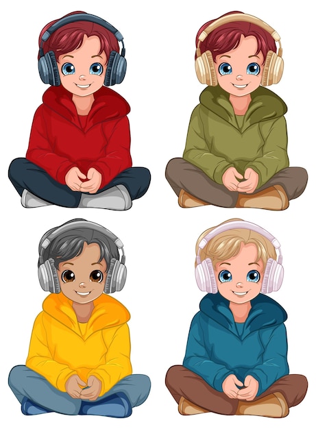 Free Vector boy sitting on the floor listening to music with headset set