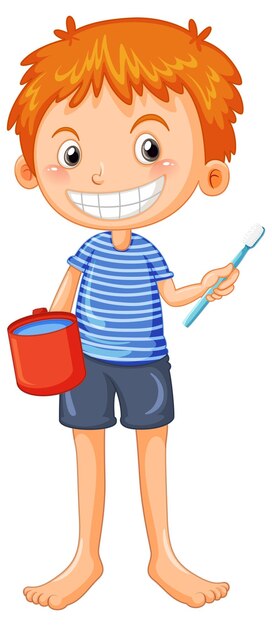 Boy smiling after brushing teeth holding cup and toothbrush