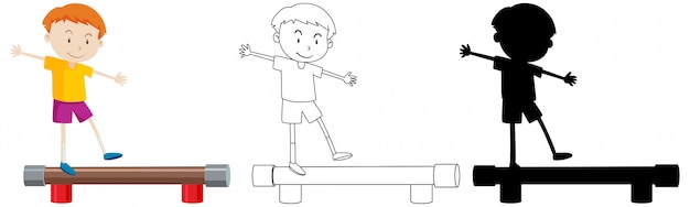 Free Vector boy standing balance with its outline and silhouette