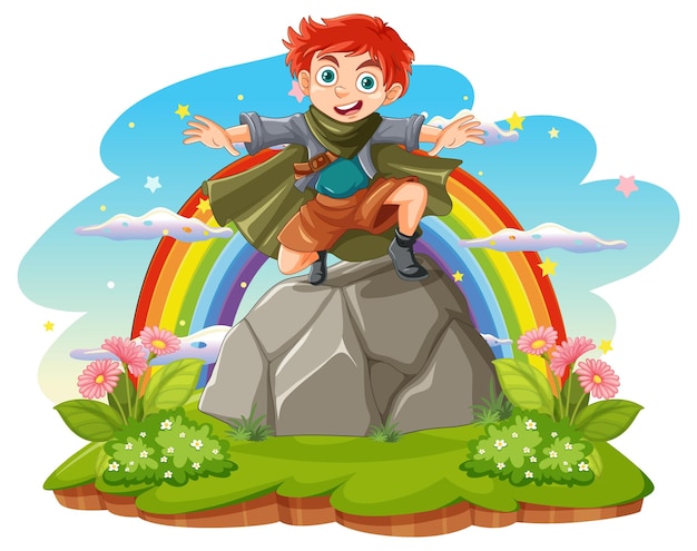 Free Vector boy standing on the rock in nature