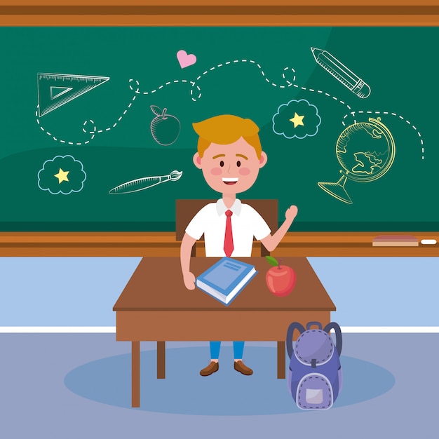 Free Vector boy student in the desk with apple fruit and backpack