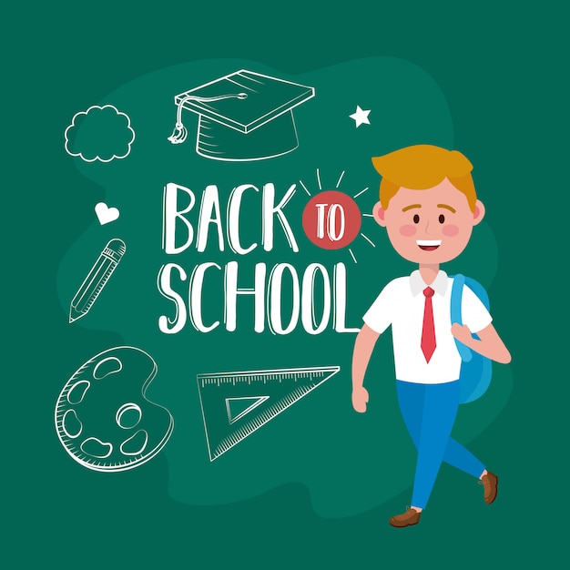 Boy student with backpack and graduation cap with pencil