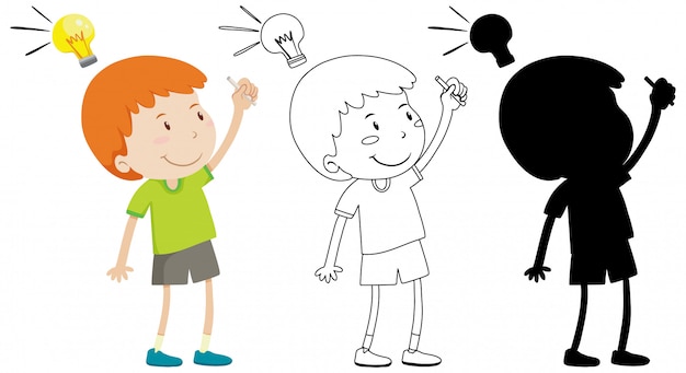 Boy and think lamp on head with its outline and silhouette