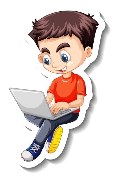 Free Vector a boy using a laptop cartoon character sticker