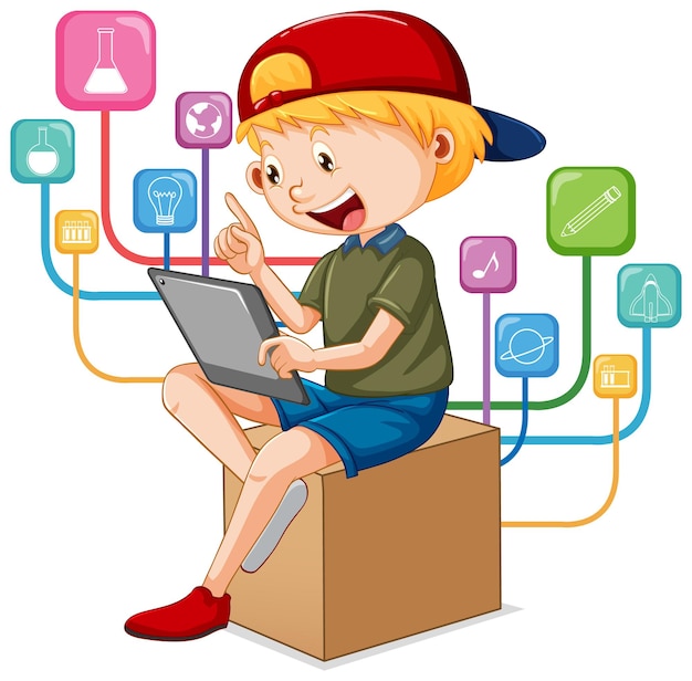 Free Vector a boy using tablet for distance learning online