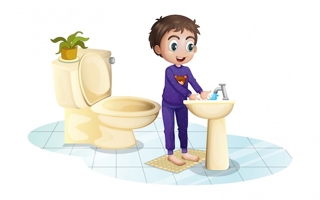 Free Vector a boy washing his hands at the sink