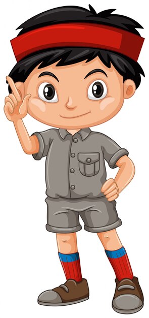 A boy waving wearing a safari outfit 