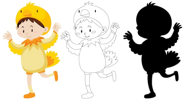 Free Vector boy wearing chicken costume with its outline and silhouette