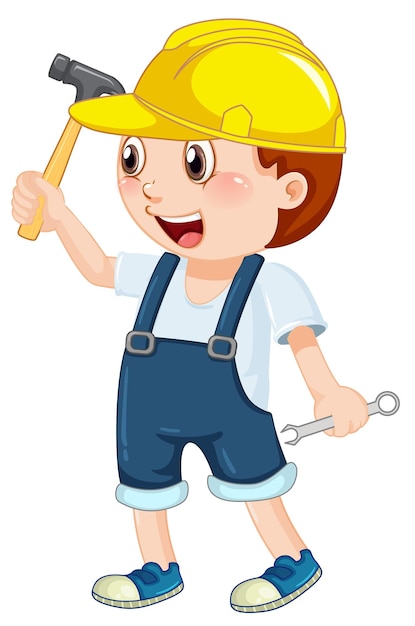 A boy wearing helmet holding hammer