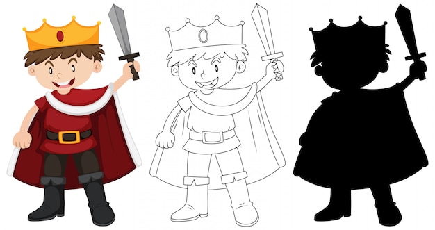 Boy wearing knight costume with its outline and silhouette