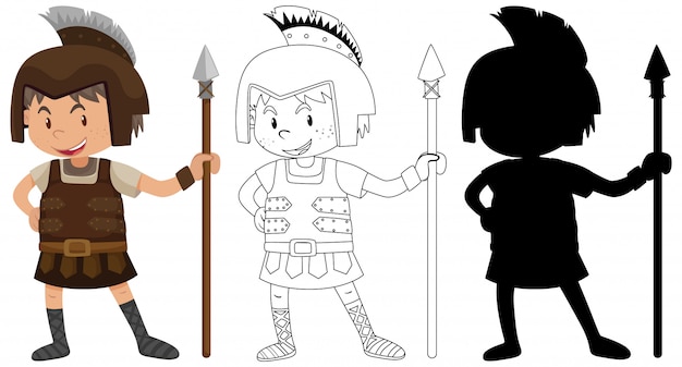 Free Vector boy wearing knight costume with its silhouette and outline