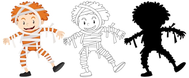 Boy wearing mummy costume in colour and outline and silhouette