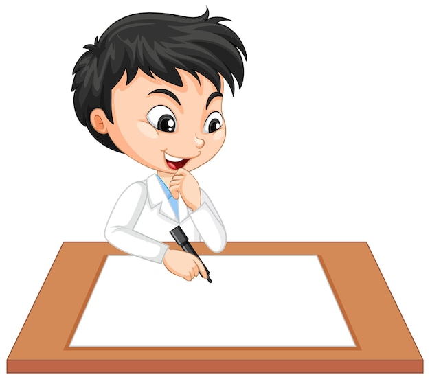 A boy wearing scientist gown with empty paper on the table