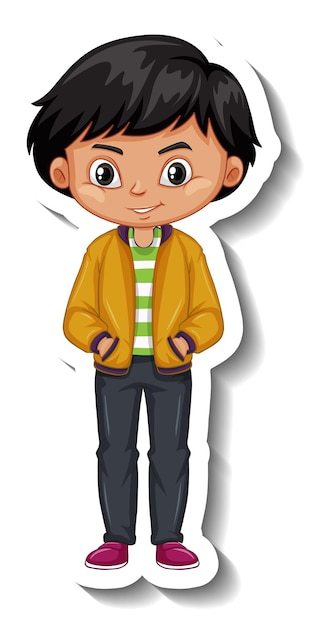 A boy wears bomber jacket cartoon character sticker