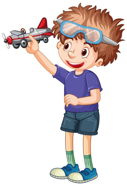 A boy wears glasses playing airplane toy