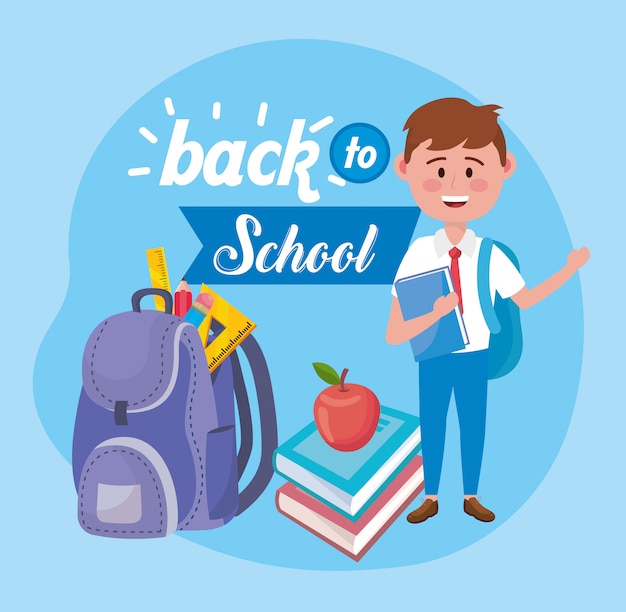 Boy with backpack and apple fruit with books