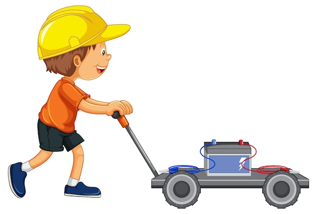 Free Vector a boy with battery on trolley