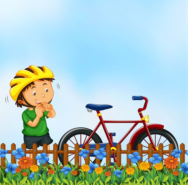 Boy with bike nature scene