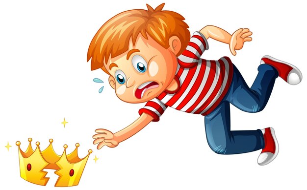 boy with broken crown on white background