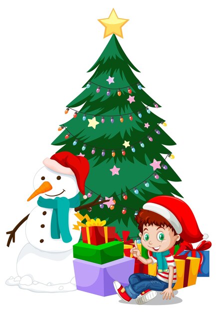 A boy with Christmas tree and snowman