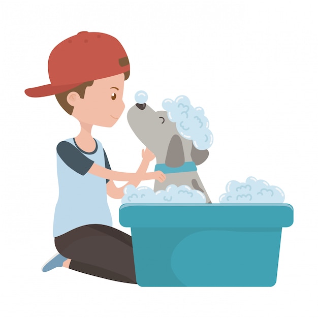 Boy with dog of cartoon taking shower 