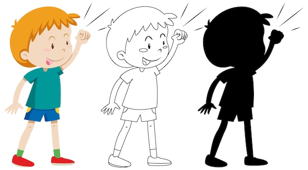 Boy with fighting pose in colour and outline and silhouette