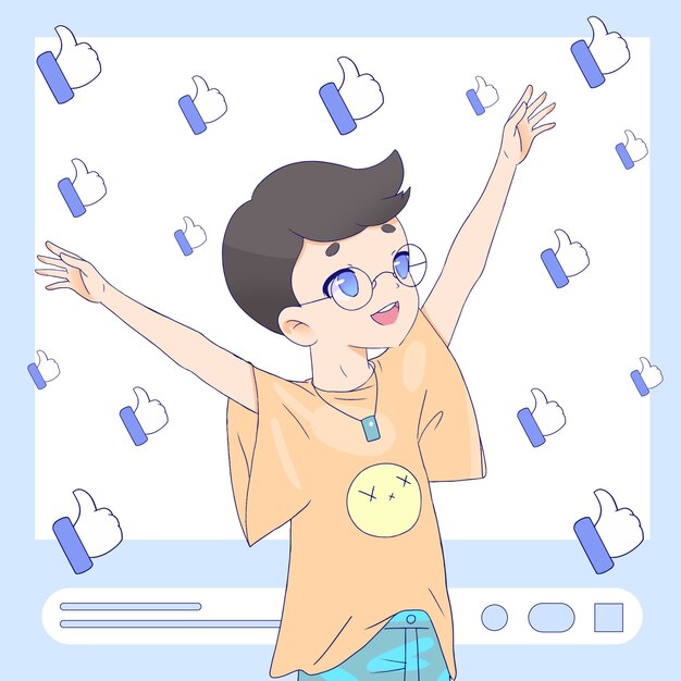 Boy with glasses being addicted to social media