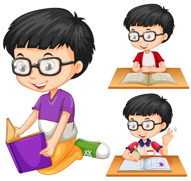 Free Vector boy with glasses reading book