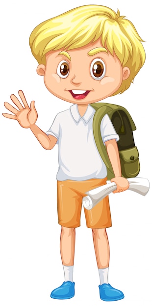 Free Vector boy with green backpack greeting on white