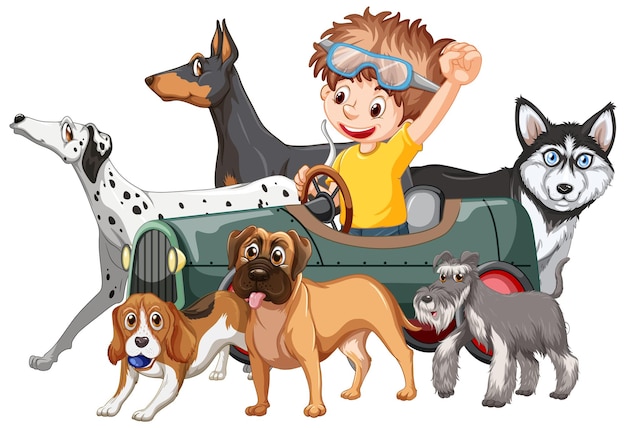 Free Vector a boy with his dogs in cartoon style