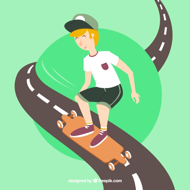 Free Vector boy with his skateboard on the road