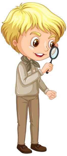 Boy with magnifying glass on white