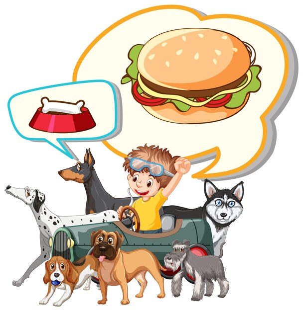 Boy with many dogs thinking of food