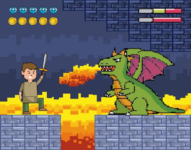 Boy with sword and dragon spits fire and life bars