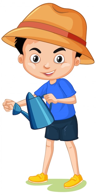 Boy with watering can wearing hat