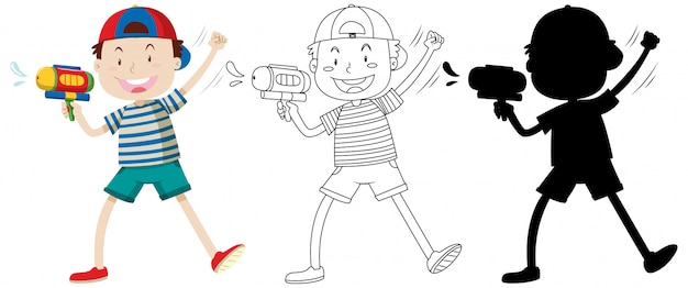 Free Vector boy with watering gun in color and outline and silhouette