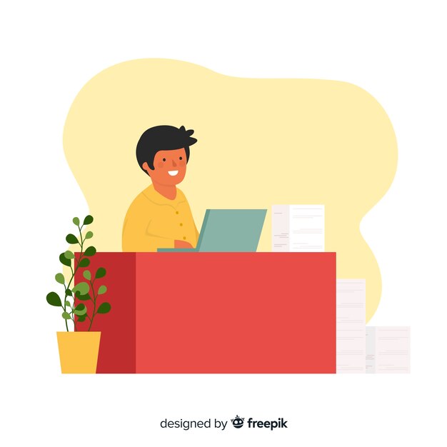 Boy working at the office flat background