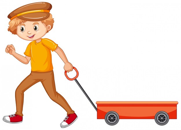 Boy in yellow shirt pulling wagon