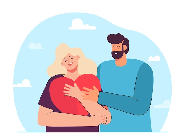 Boyfriend hugging happy girlfriend holding big comic heart. Cheerful cartoon couple flat vector illustration. Love, romance, relationship concept for banner, website design or landing web page