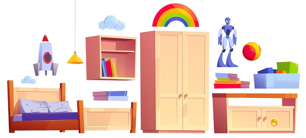 Free Vector boys bedroom furniture, bed, bookshelf, cupboard and toys box. vector cartoon set of kids room interior with nightstand, books, ball, rocket and robot toys, wall stickers isolated on white background