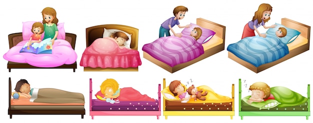 Free Vector boys and girls in bed illustration