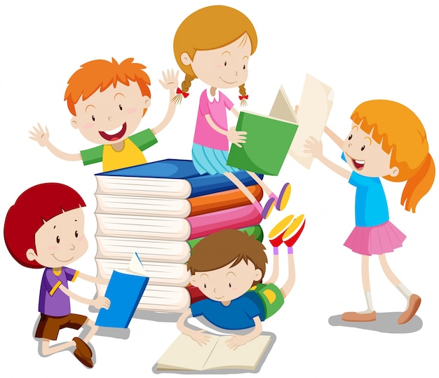 Boys and girls reading books illustration