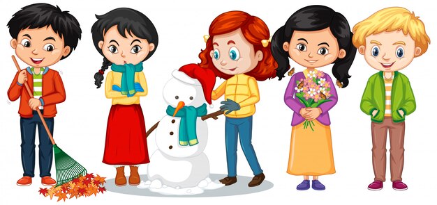 Boys and girls in winter clothes