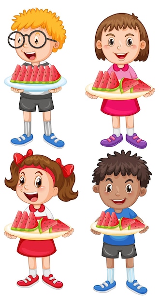 Free Vector boys and girls with watermelon