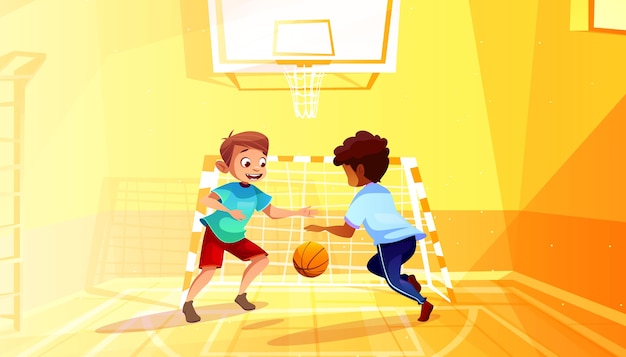 Free Vector boys playing basketball illustration of black afro american kid with ball in school gymnasium